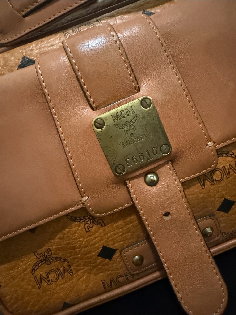 MCM Tan & Cognac Leather Messenger Bag with Monogram - Picture 2 of 6